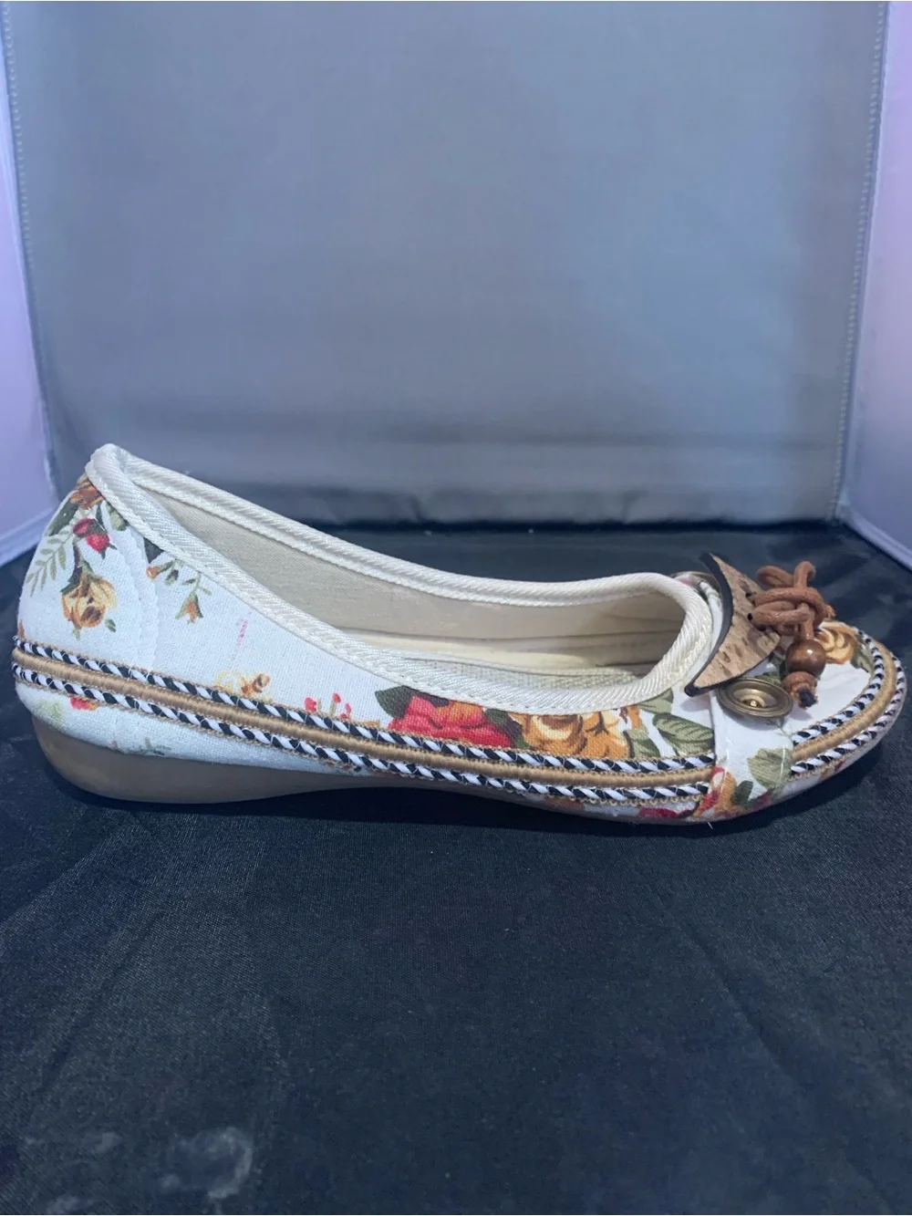 Floral Canvas Slip-On Flats with Brown Bow Detail - White Floral